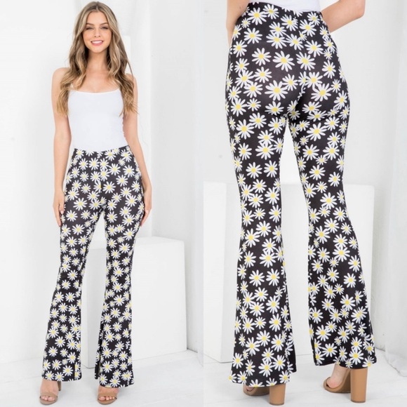 Pants - Floral Black and White Women's Bell Bottom Pants